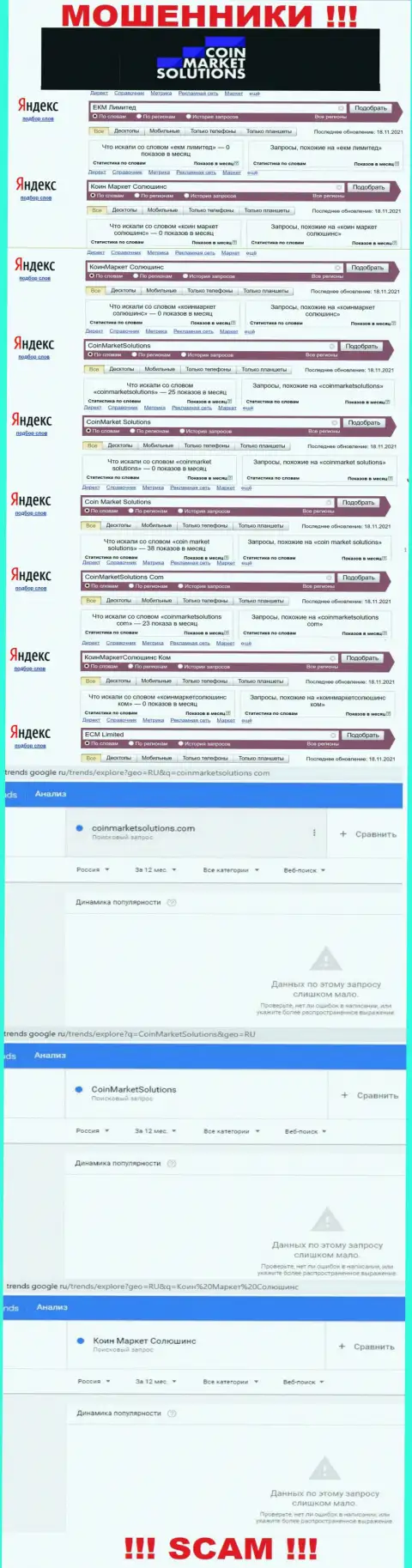 Сколько раз посетители глобальной internet сети искали данные об мошенниках CoinMarket Solutions ?