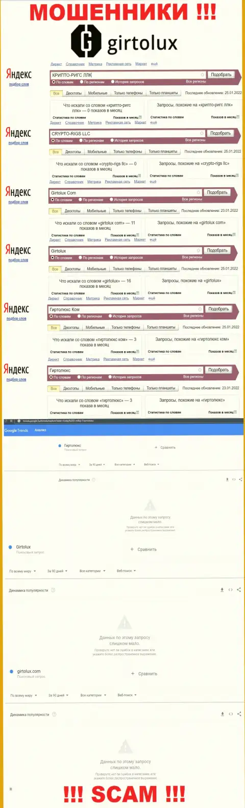 Статистические данные числа просмотров сведений о мошенниках Girtolux в сети Интернет