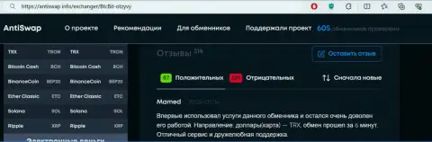 Положительный отзыв о оперативности обменных операций в криптовалютной онлайн обменке BTC Bit расположенный на портале antiswap info