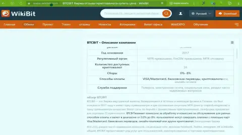 Общая информация о условиях обмена организации BTC Bit в публикации на сайте ВикиБит Ком