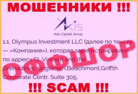 Юридический адрес регистрации мошенников Axis Capital Group в оффшоре - Сент-Винсент и Гренадины, Кингстаун, Бичмонт, Гриффит Корпорейт Центр, Сьют 305, представленная инфа предложена у них на официальном интернет-сервисе