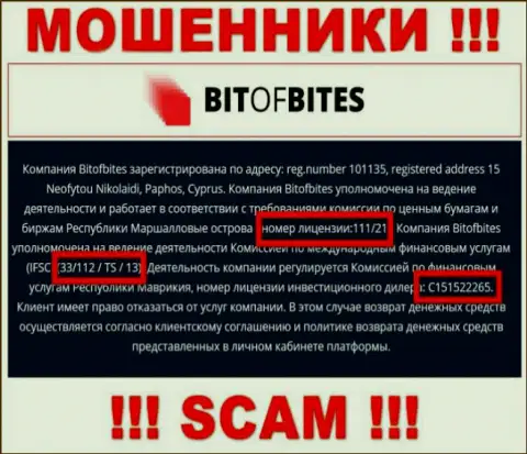 Лицензия на осуществление деятельности, которую мошенники Bit Of Bites предоставили на своем онлайн-сервисе