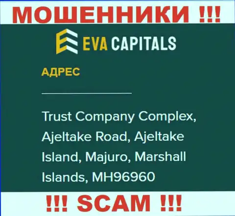На сайте ЕваКапиталс представлен оффшорный юридический адрес конторы - Trust Company Complex, Ajeltake Road, Ajeltake Island, Majuro, Marshall Islands, MH96960, будьте крайне бдительны - это мошенники