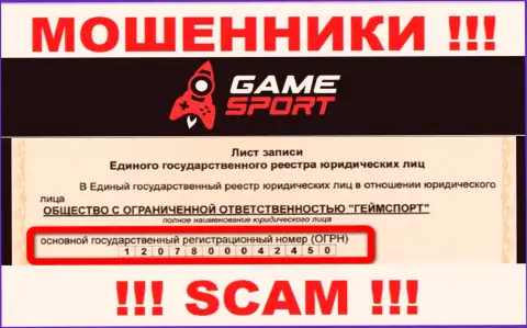 Номер регистрации конторы, владеющей GameSport - 1207800042450
