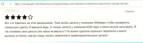 Отзыв, который оставлен был реальным клиентом ENDURANCE ENTERPRISES PTY LTD под обзором мошеннических уловок этой компании