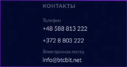 Телефон и почта интернет-обменки БТЦБИТ Сп. З.о.о.