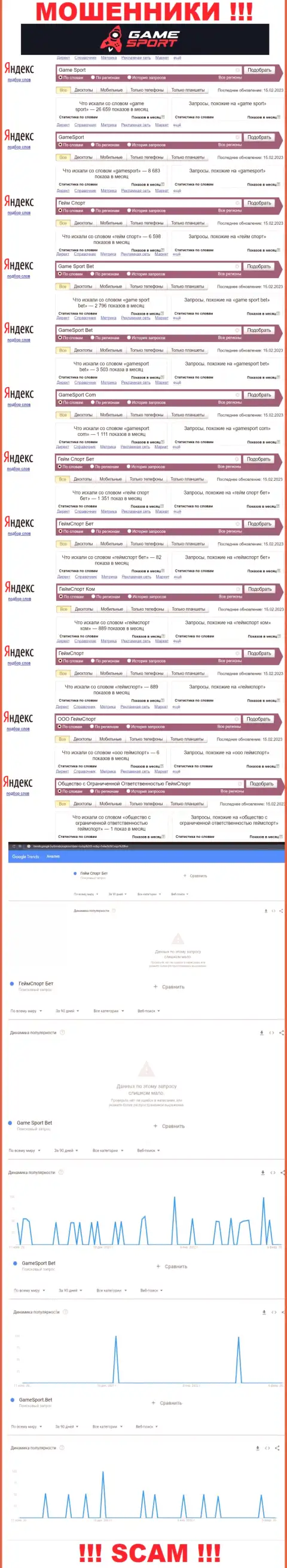 Статистические данные об количестве запросов информации об мошенниках Общество с Ограниченной Ответственностью ГеймСпорт