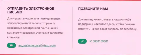 Контактный телефон и адрес электронной почты дилера Kiexo Com