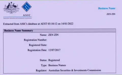 Регистрация брокерской фирмы Зиннейра Ком австралийским финансовым регулятором